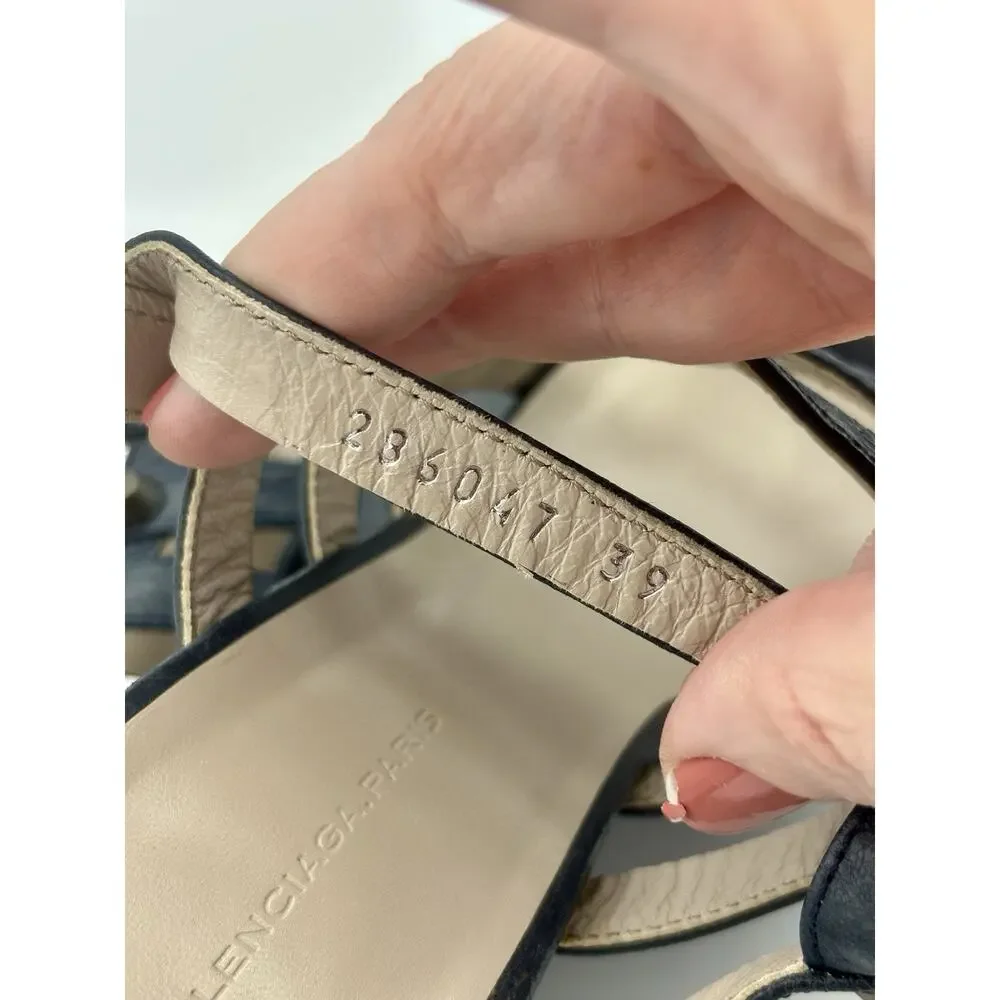 Balenciaga Wedge Sandals Navy Blue Leather Studded Size 39 / 9 Ankle Strap